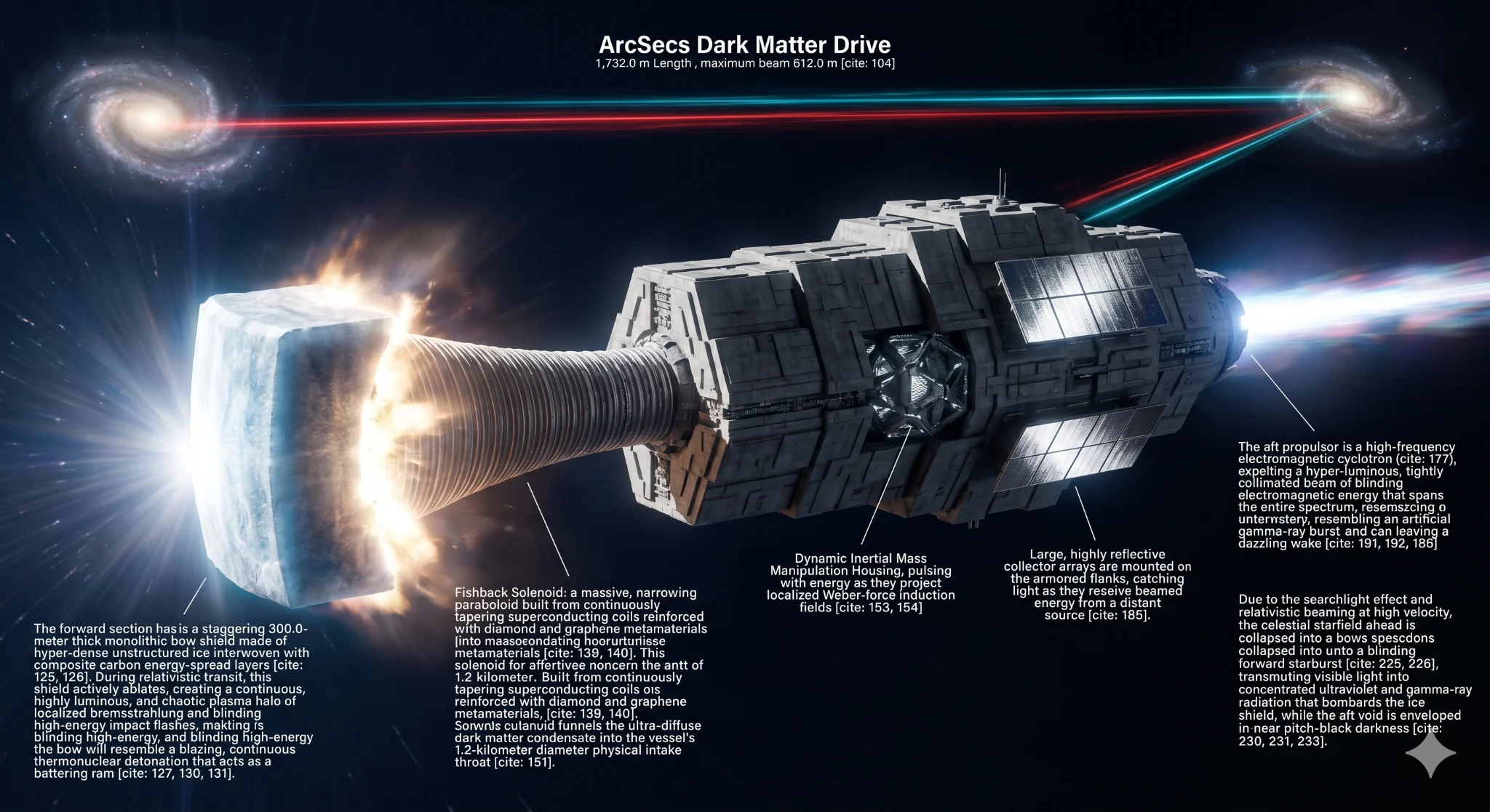 ArcSecs Dark Matter Drive cinematic exterior plate - Dark Matter Drive schematic