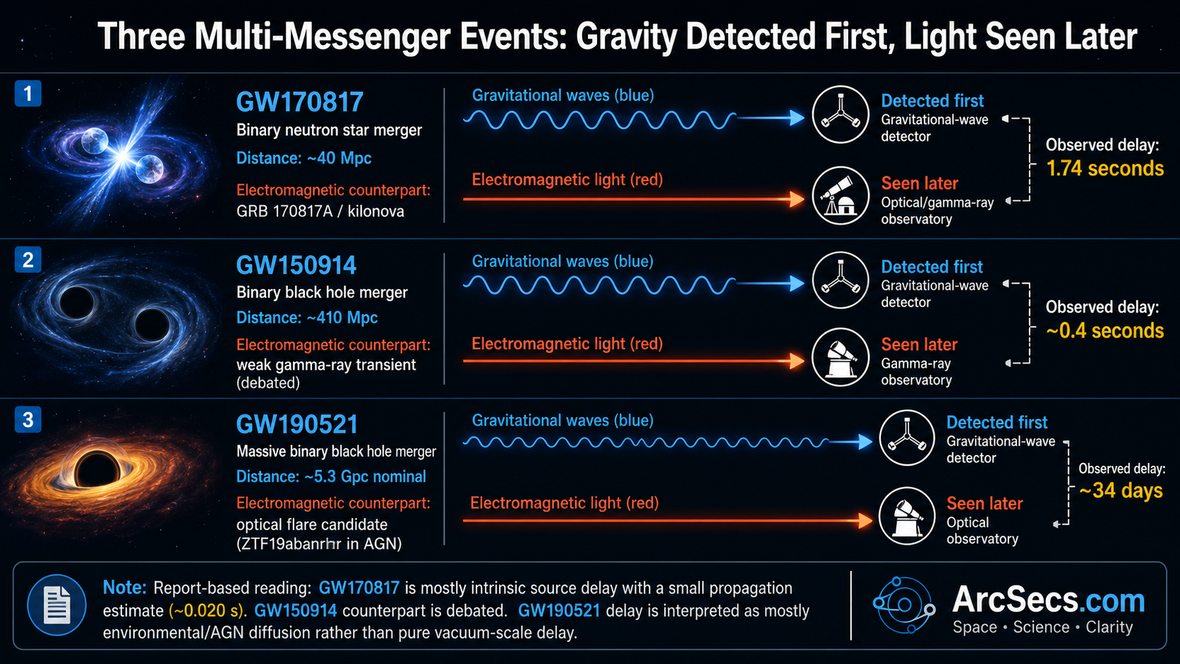 ArcSecs multi-messenger event timeline comparing gravitational-wave detection and electromagnetic light delays for GW170817, GW150914, and GW190521.